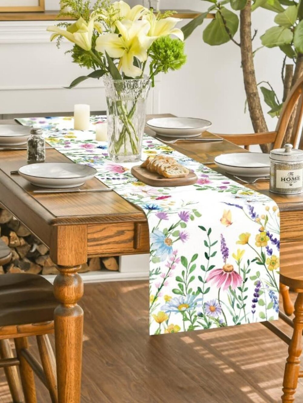 Daisy Eucalyptus Lavender Floral Leaves Summer Table Runner, Spring Kitchen Dini - Picture 4 of 7